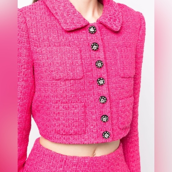 Self Portrait Boucle Tweed Cropped Jacket In Fuschia a pink NWT - Picture 3 of 11